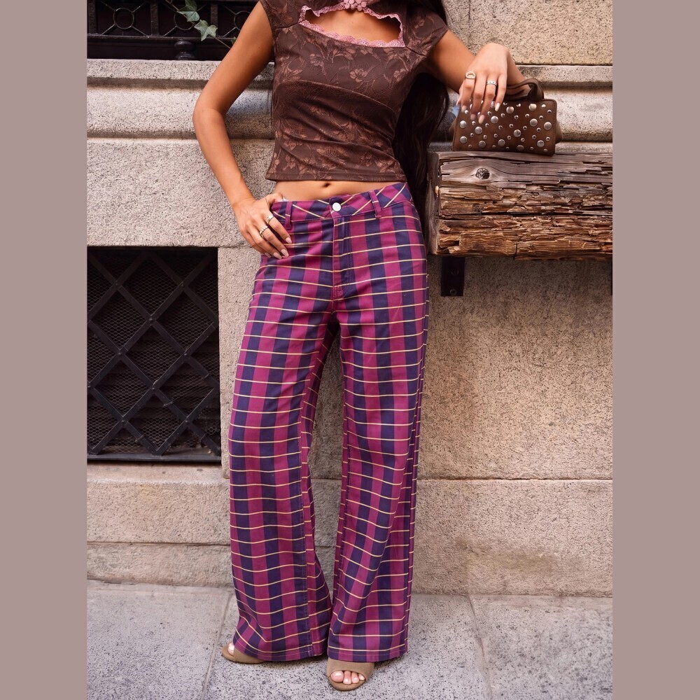 Pink / Navy Plaid Cotton Denim Wide Leg Jeans